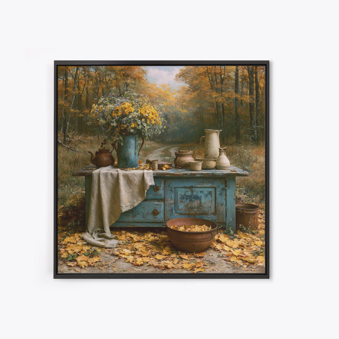 Forest Path with Golden Autumn Leaves Framed Canvas Print, Rustic Art, Eclectic Wall Art, Farmhouse Decor, Fine Art, Rustic, RUS-1x1-42