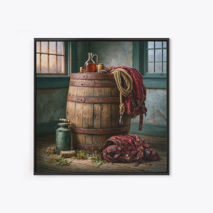 Whiskey Barrel and Leather Still Life Framed Canvas Print, Rustic Art, Wood Art, Farmhouse Decor, Oil Painting, Rustic, RUS-1x1-43