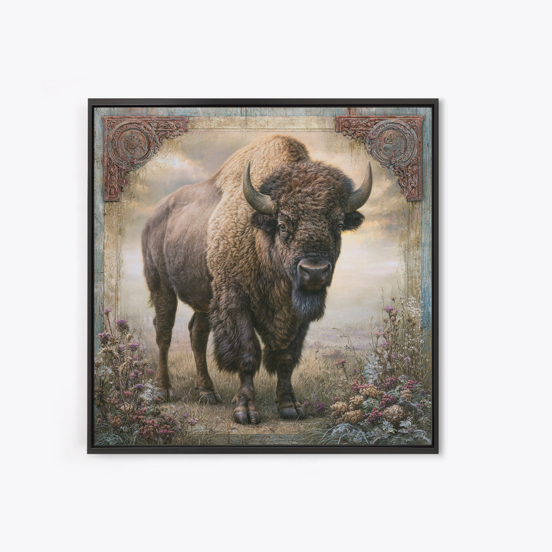 Buffalo Portrait with Western Texture Framed Canvas Print, Rustic Art, Farmhouse Wall Art, Farmhouse Decor, Fine Art, Rustic, RUS-1x1-46