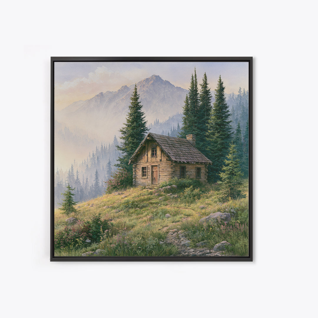Mountain Cabin Landscape Framed Canvas Print, Rustic Art, Landscape Art, Farmhouse Decor, Fine Art, Rustic, Room Decor, RUS-1x1-51