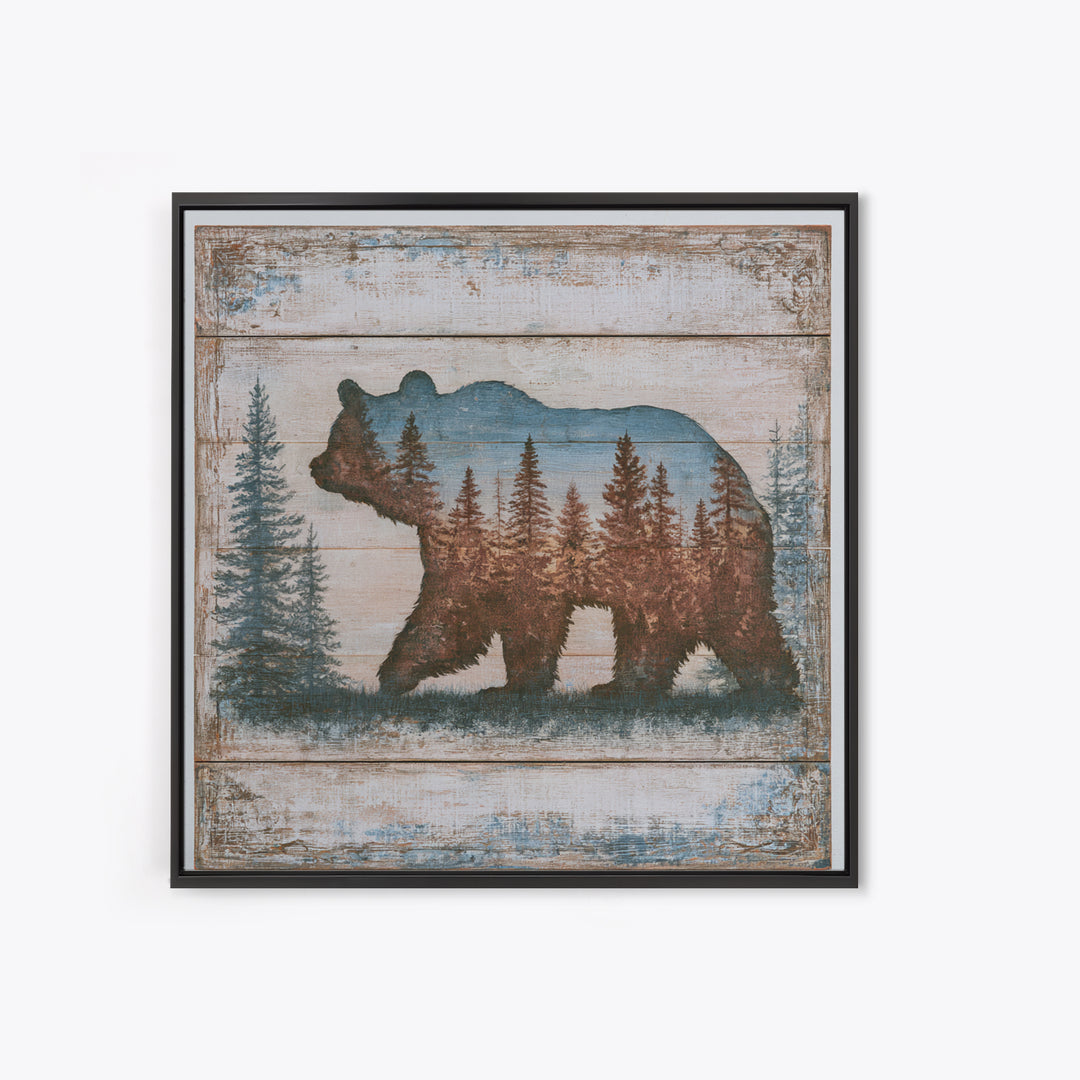 Bear Silhouette Among Pine Trees Canvas Print, Rustic Art, Downloadable Art, Farmhouse Decor, Watercolor Art, Rustic, RUS-1x1-55