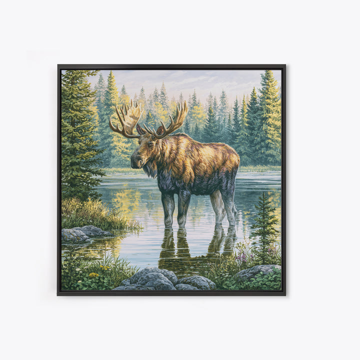 Moose Standing by a Quiet Lake Framed Canvas Print, Rustic Art, Fine Art Print, Farmhouse Decor, Fine Art, Rustic, Painting, RUS-1x1-57
