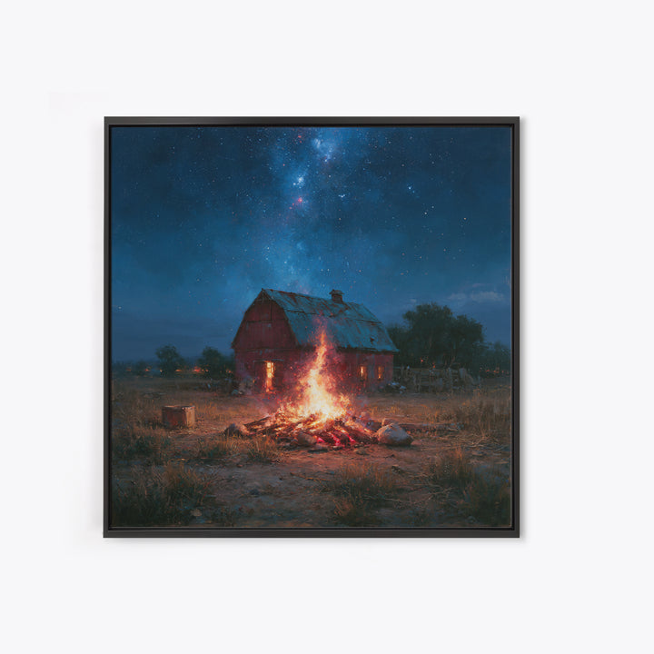 Campfire under a Starry Sky Framed Canvas Print, Rustic Art, Landscape Wall Art, Farmhouse Decor, Watercolor Art, Rustic, RUS-1x1-58