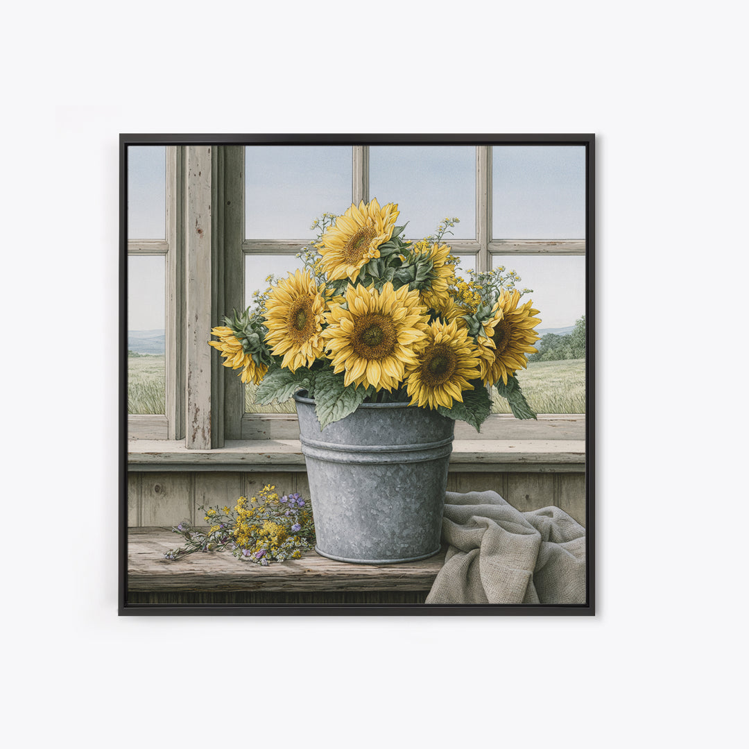 Sunflowers in a Metal Bucket Canvas Print, Rustic Art, Modern Art, Farmhouse Decor, Rustic, Neutral Decor, Modern Decor, RUS-1x1-60