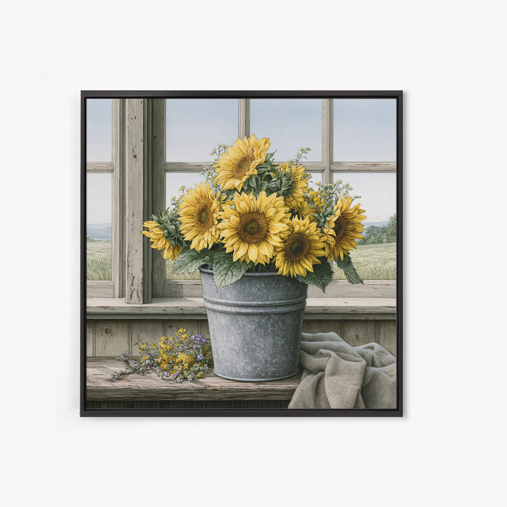 Sunflowers in a Metal Bucket Canvas Print, Rustic Art, Modern Art, Farmhouse Decor, Rustic, Neutral Decor, Modern Decor, RUS-1x1-60
