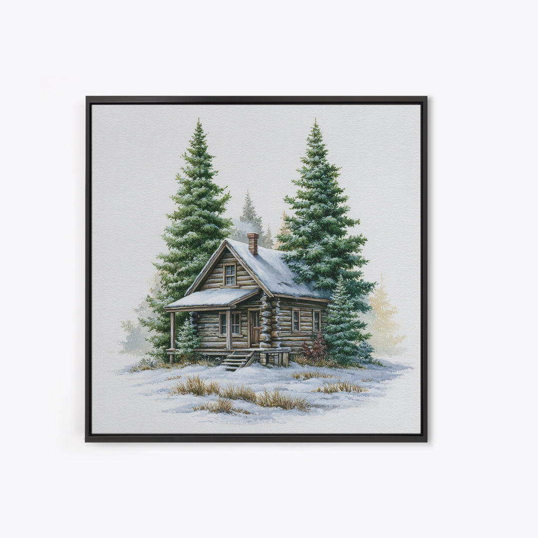 Log Cabin with Snowy Pines Framed Canvas Print, Rustic Art, Gallery Wall Set, Farmhouse Decor, Rustic, Minimalist Decor, RUS-1x1-63