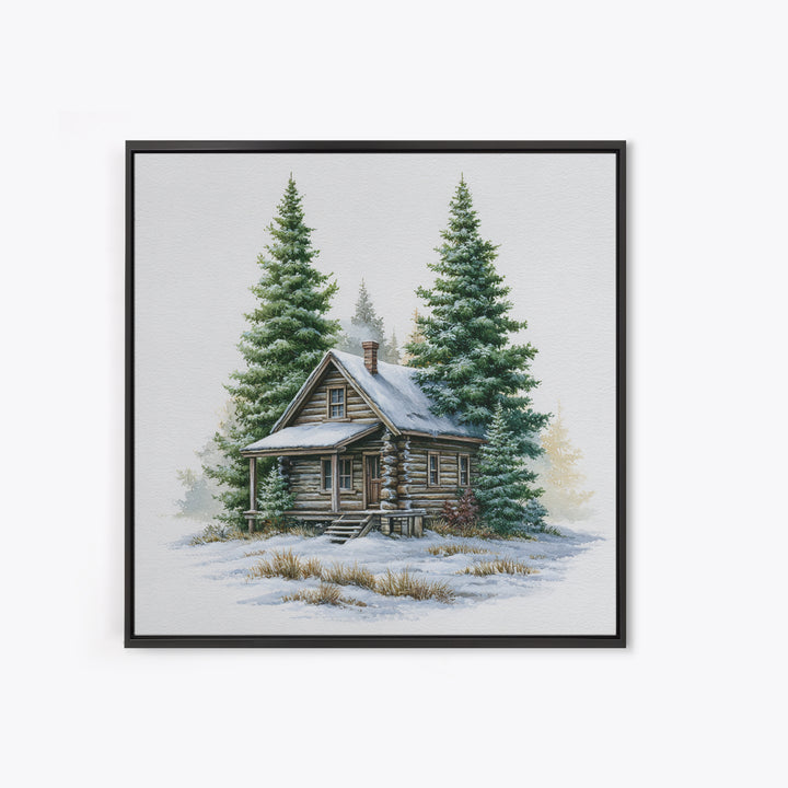 Log Cabin with Snowy Pines Framed Canvas Print, Rustic Art, Gallery Wall Set, Farmhouse Decor, Rustic, Minimalist Decor, RUS-1x1-63