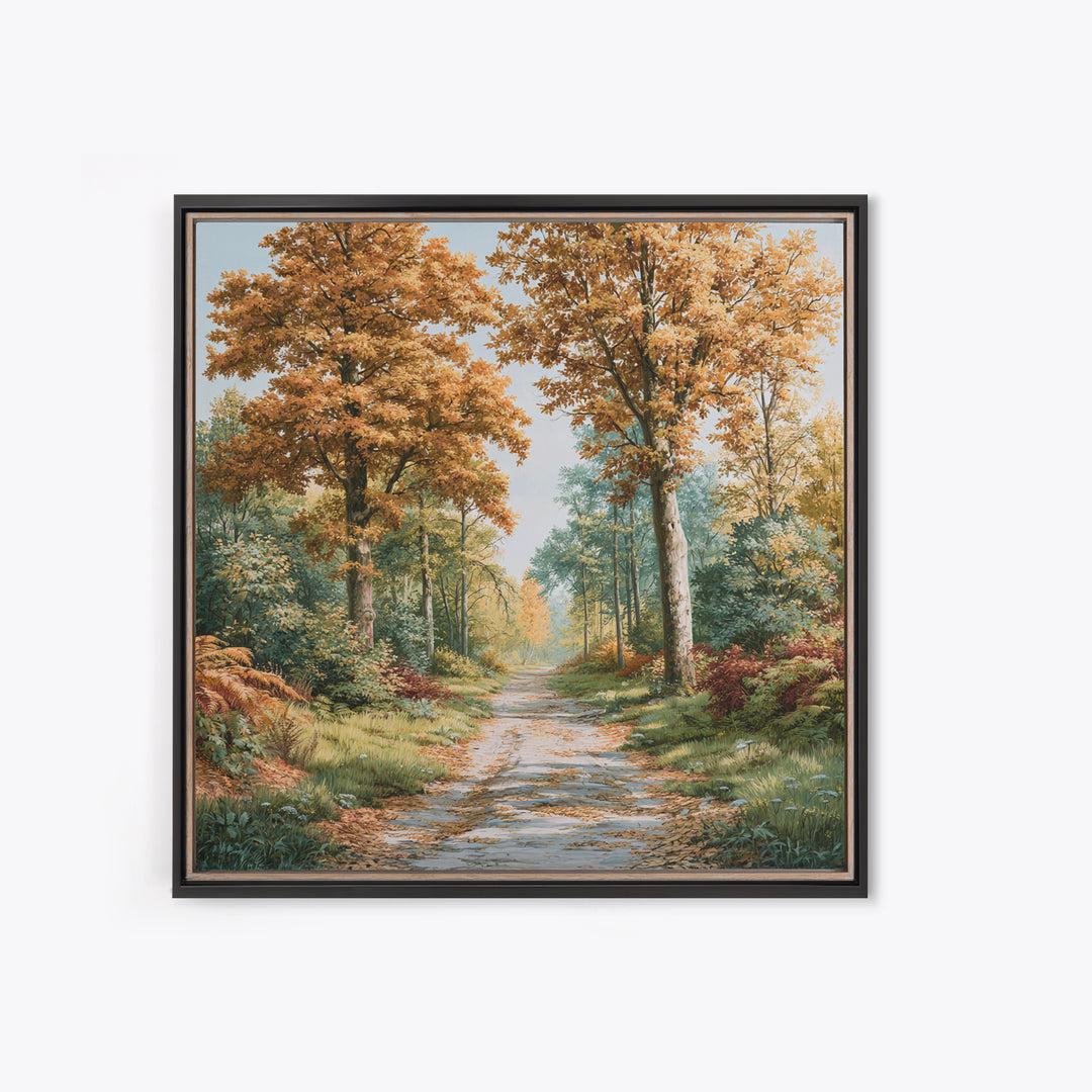 Forest Path with Golden Autumn Leaves Framed Canvas Print, Rustic Art, Eclectic Wall Art, Farmhouse Decor, Fine Art, Rustic, RUS-1x1-66
