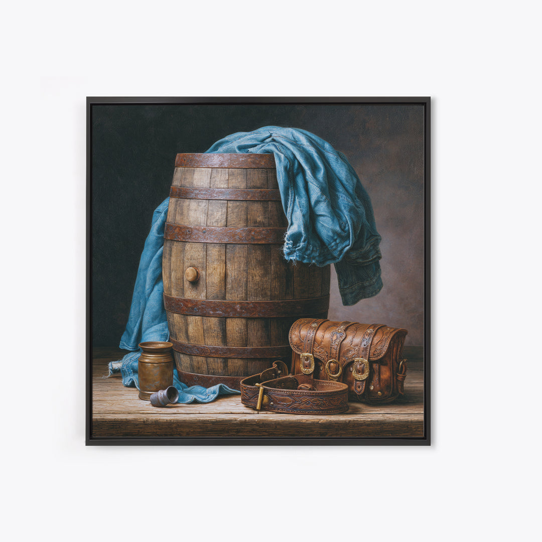Whiskey Barrel and Leather Still Life Framed Canvas Print, Rustic Art, Gallery Decor, Farmhouse Decor, Fine Art, Rustic, RUS-1x1-67