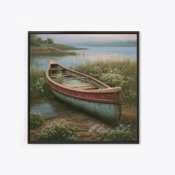 Old Canoe Pulled Onto a Lake Shore Framed Canvas Print, Rustic Art, Eclectic Wall Art, Farmhouse Decor, Oil Painting, Rustic, RUS-1x1-68
