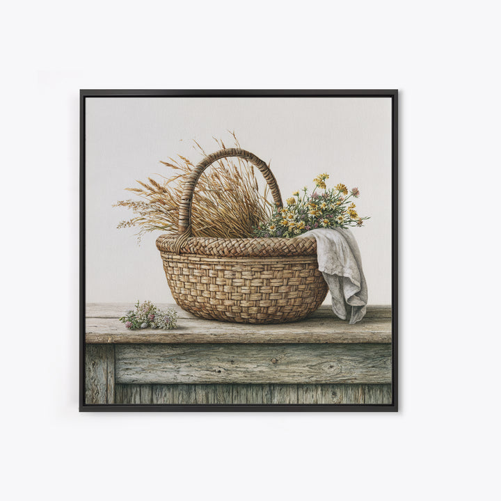 Handwoven Basket with Dried Grasses Framed Canvas Print, Rustic Art, Gallery Wall Art, Farmhouse Decor, Abstract Art, Rustic, RUS-1x1-72