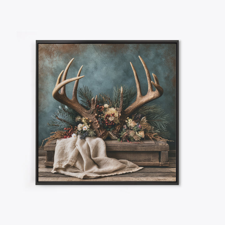 Deer Antlers with Pine Branches and Berries Framed Canvas Print, Rustic Art, Gallery Wall Set, Farmhouse Decor, Watercolor Art, RUS-1x1-74