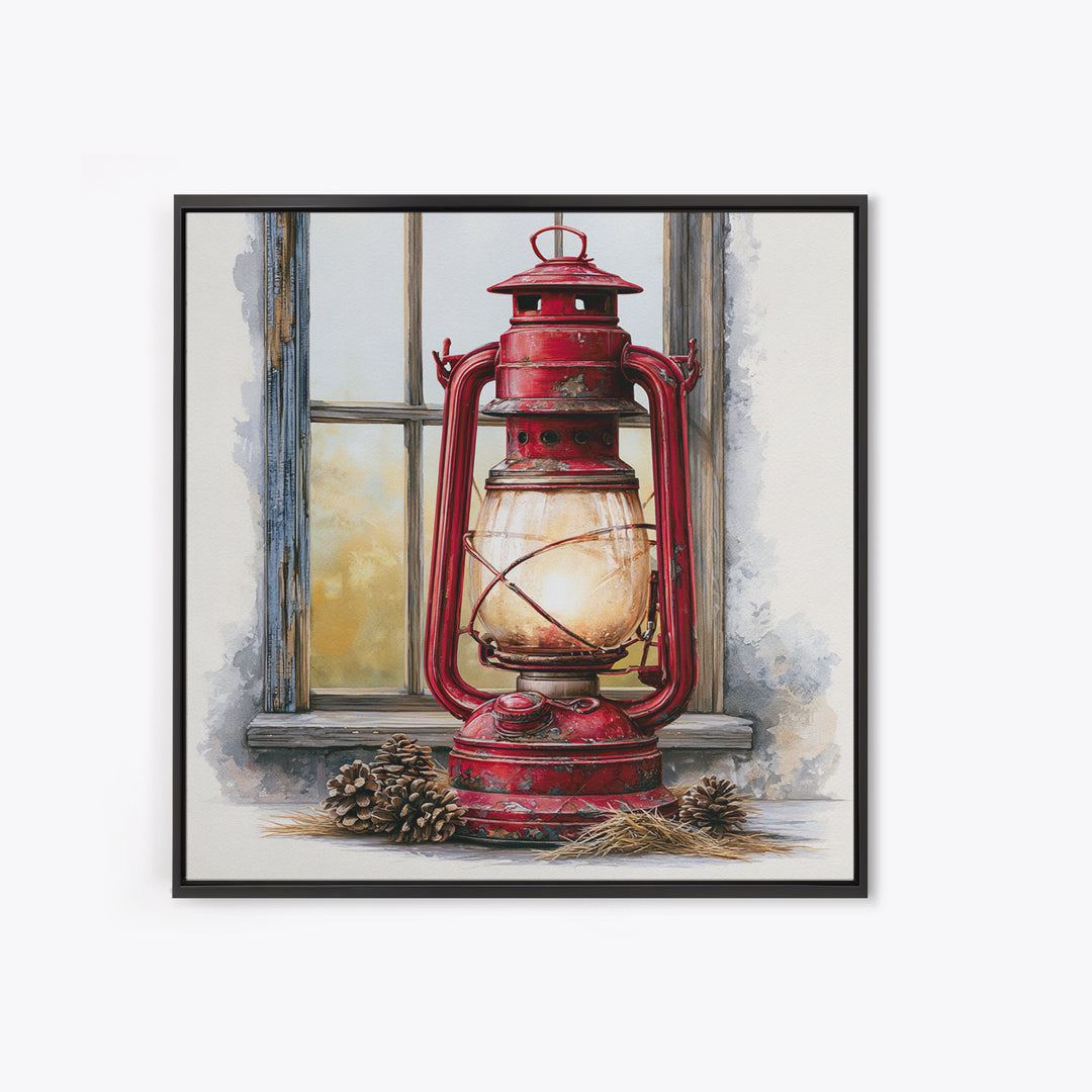 Rustic Lantern Glowing Beside Pinecones Canvas Print, Rustic Art, Portrait Painting, Farmhouse Decor, Fine Art, Rustic, RUS-1x1-76