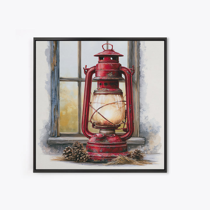 Rustic Lantern Glowing Beside Pinecones Canvas Print, Rustic Art, Portrait Painting, Farmhouse Decor, Fine Art, Rustic, RUS-1x1-76