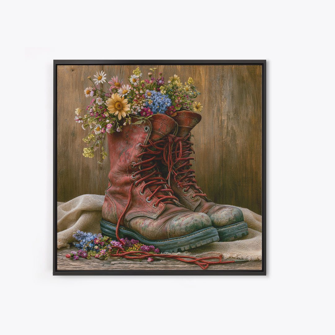 Old Boots Filled Framed Canvas Print, Rustic Art, Gallery Decor, Farmhouse Decor, Fine Art, Rustic, Contemporary Art, RUS-1x1-78
