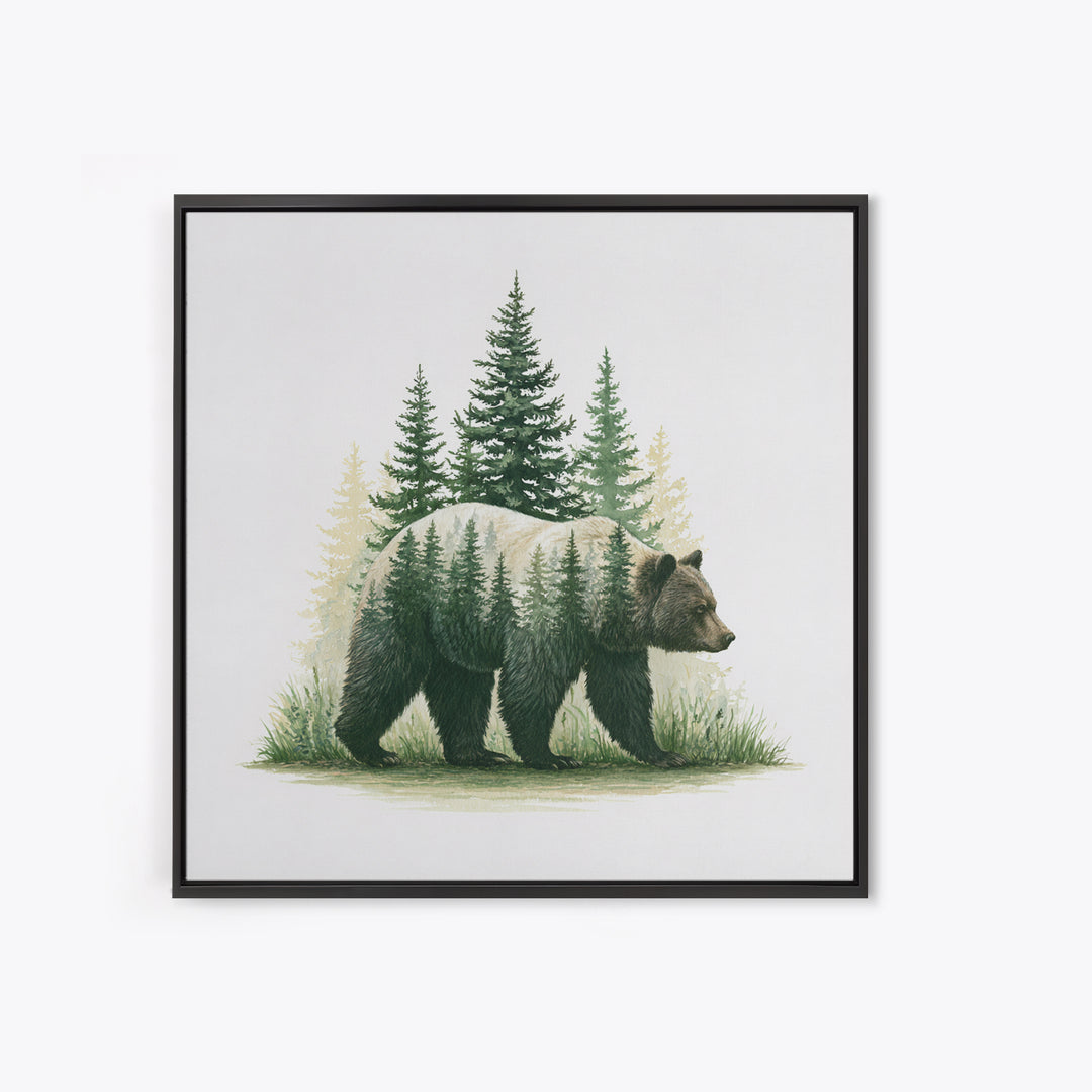 Bear Silhouette Among Pine Trees Framed Canvas Print, Rustic Art, Modern Decor, Farmhouse Decor, Oil Painting, Rustic, RUS-1x1-79