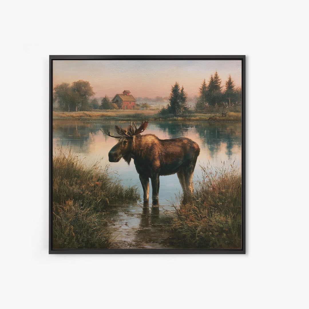 Moose Standing by a Quiet Lake Canvas Print, Rustic Art, Textured Painting, Farmhouse Decor, Oil Painting, Rustic, RUS-1x1-81