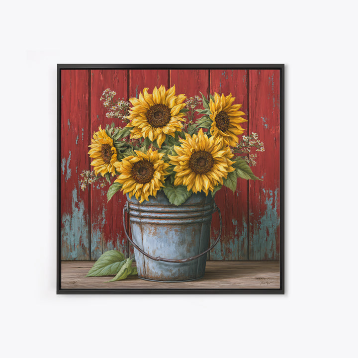 Sunflowers in a Metal Bucket Framed Canvas Print, Rustic Art, Landscape Wall Art, Farmhouse Decor, Rustic, Luxury Decor, RUS-1x1-84
