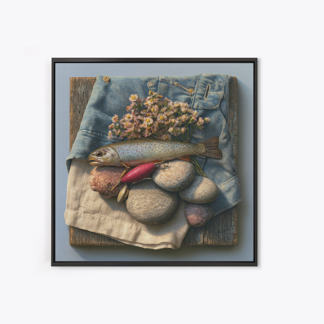 Trout Fishing Lure and River Stones Canvas Print, Rustic Art, Neutral Decor, Farmhouse Decor, Fine Art, Rustic, Home Decor, RUS-1x1-86