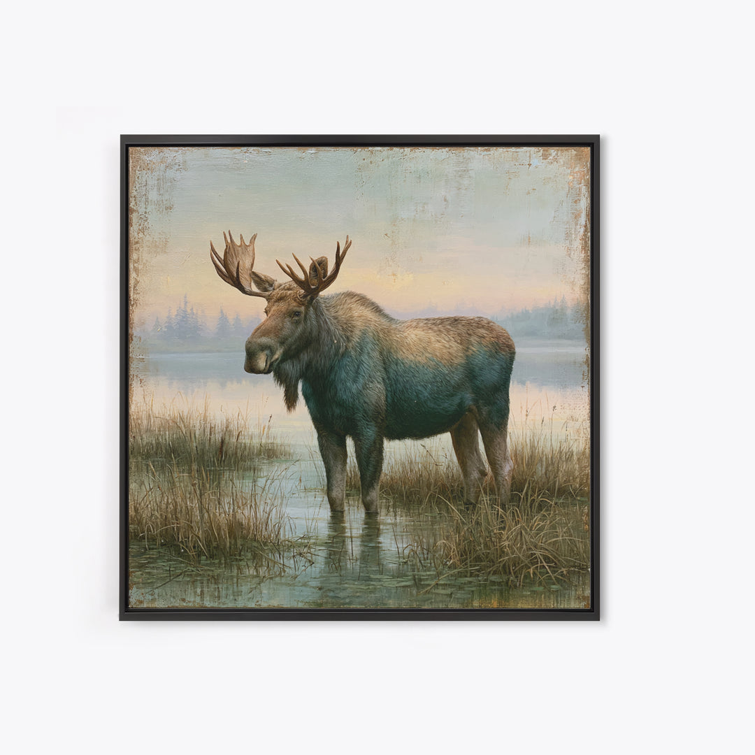 Moose Standing by a Quiet Lake Canvas Print, Rustic Art, Living Room Art, Farmhouse Decor, Watercolor Art, Rustic, RUS-1x1-9