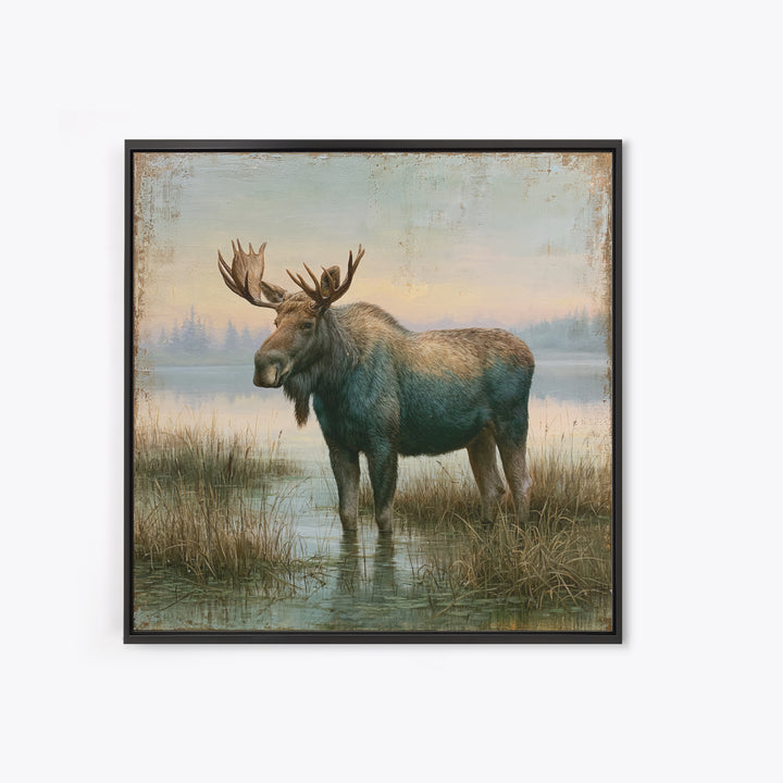 Moose Standing by a Quiet Lake Canvas Print, Rustic Art, Living Room Art, Farmhouse Decor, Watercolor Art, Rustic, RUS-1x1-9