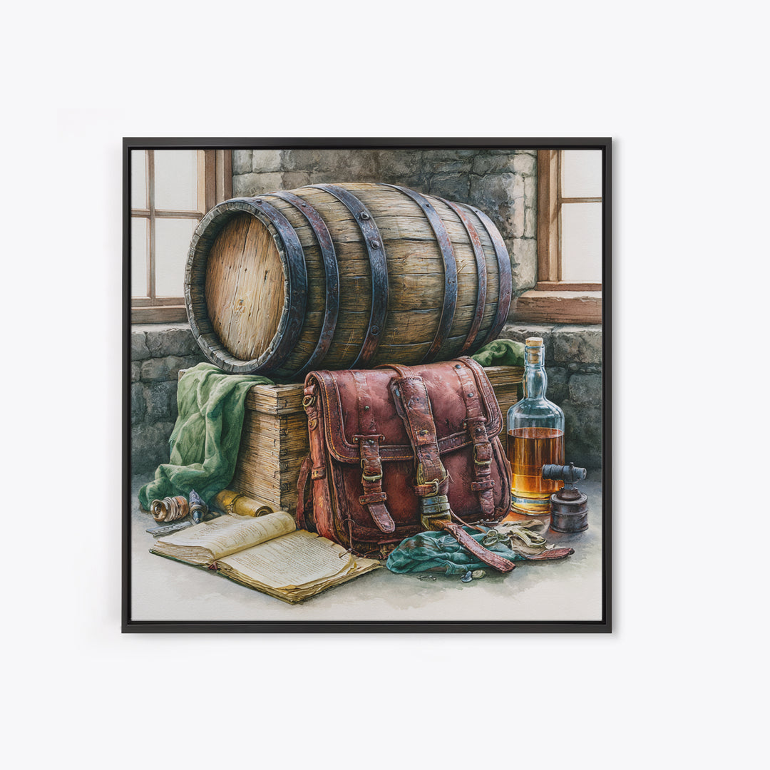 Whiskey Barrel and Leather Still Life Canvas Print, Rustic Art, Boho Decor, Farmhouse Decor, Fine Art, Rustic, Art Print, RUS-1x1-91