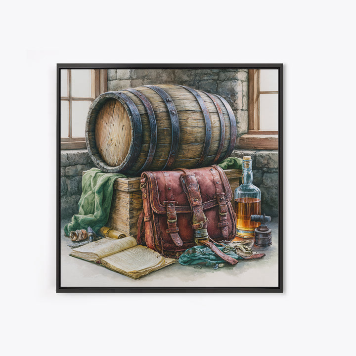 Whiskey Barrel and Leather Still Life Canvas Print, Rustic Art, Boho Decor, Farmhouse Decor, Fine Art, Rustic, Art Print, RUS-1x1-91