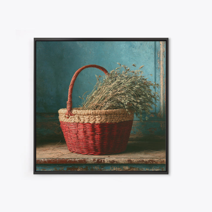 Handwoven Basket with Dried Grasses Framed Canvas Print, Rustic Art, Digital Prints, Farmhouse Decor, Fine Art, Rustic, RUS-1x1-96