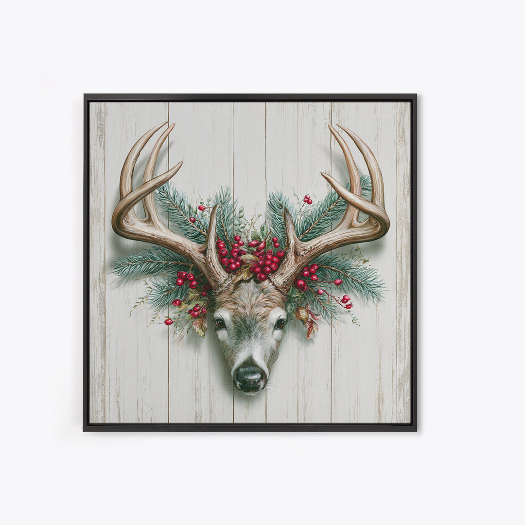 Deer Antlers with Pine Branches and Berries Canvas Print, Rustic Art, Statement Artwork, Farmhouse Decor, Fine Art, Rustic, RUS-1x1-98