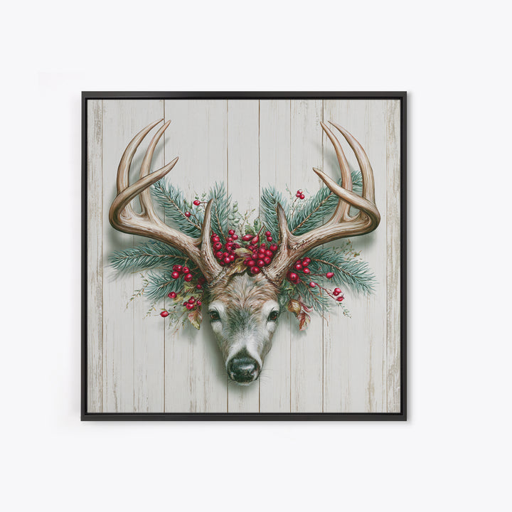 Deer Antlers with Pine Branches and Berries Canvas Print, Rustic Art, Statement Artwork, Farmhouse Decor, Fine Art, Rustic, RUS-1x1-98