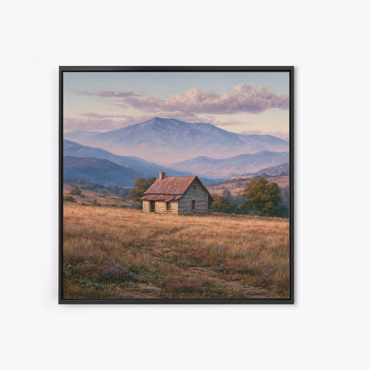 Mountain Cabin Landscape Canvas Print, Rustic Art, Wall Art, Farmhouse Decor, Oil Painting, Rustic, Living Room Decor, RUS-1x1-99