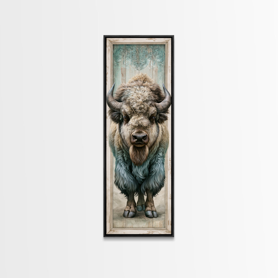Buffalo Portrait with Western Texture Canvas Print, Rustic Art, Wood Art, Farmhouse Decor, Oil Painting, Rustic, Wall Decor, RUS-1x3-10