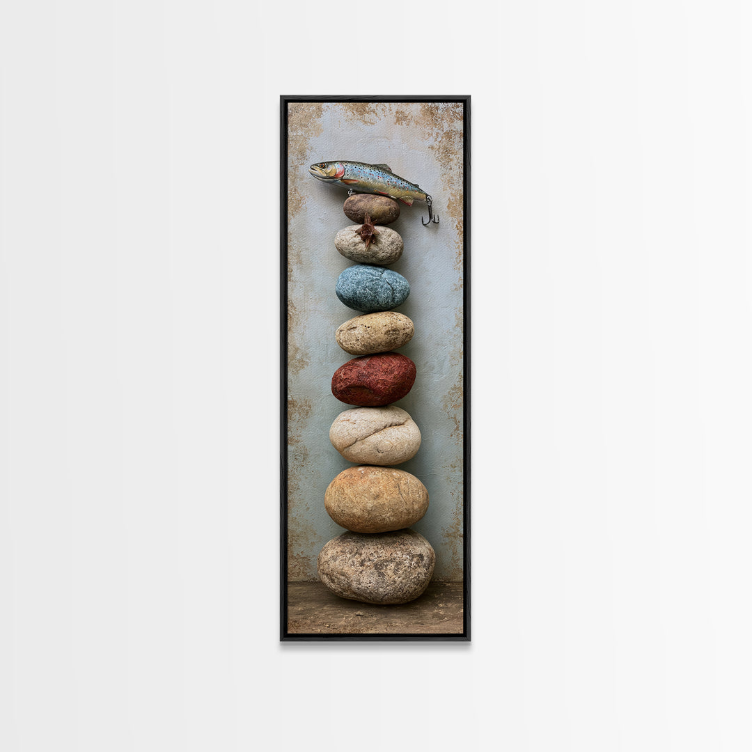 Trout Fishing Lure and River Stones Canvas Print, Rustic Art, Farmhouse Wall Art, Farmhouse Decor, Rustic, Statement Artwork, RUS-1x3-2