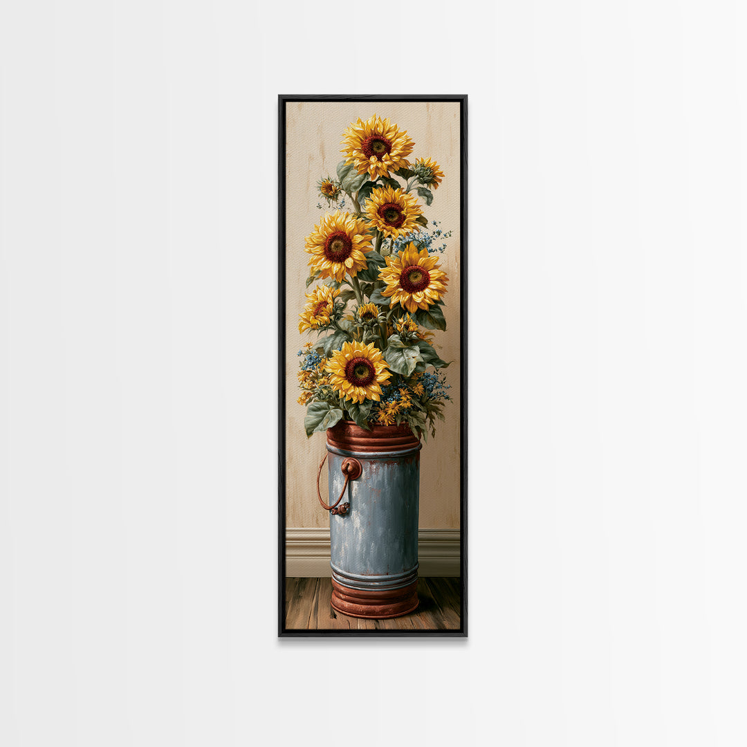 Sunflowers in a Metal Bucket Framed Canvas Print, Rustic Art, Luxury Decor, Farmhouse Decor, Oil Painting, Rustic, RUS-1x3-24