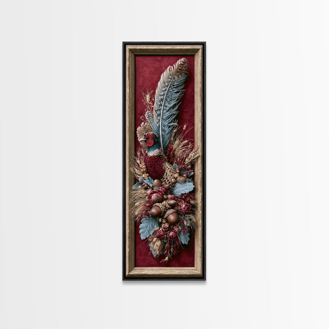 Pheasant Feathers and Acorns Arrangement Canvas Print, Rustic Art, Room Decor, Farmhouse Decor, Fine Art, Rustic, Oil Painting, RUS-1x3-28