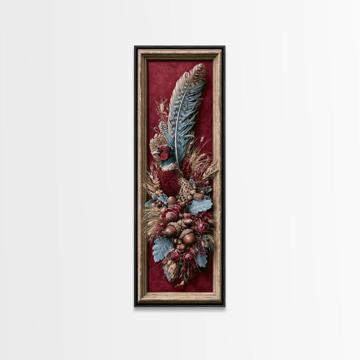 Pheasant Feathers and Acorns Arrangement Canvas Print, Rustic Art, Room Decor, Farmhouse Decor, Fine Art, Rustic, Oil Painting, RUS-1x3-28