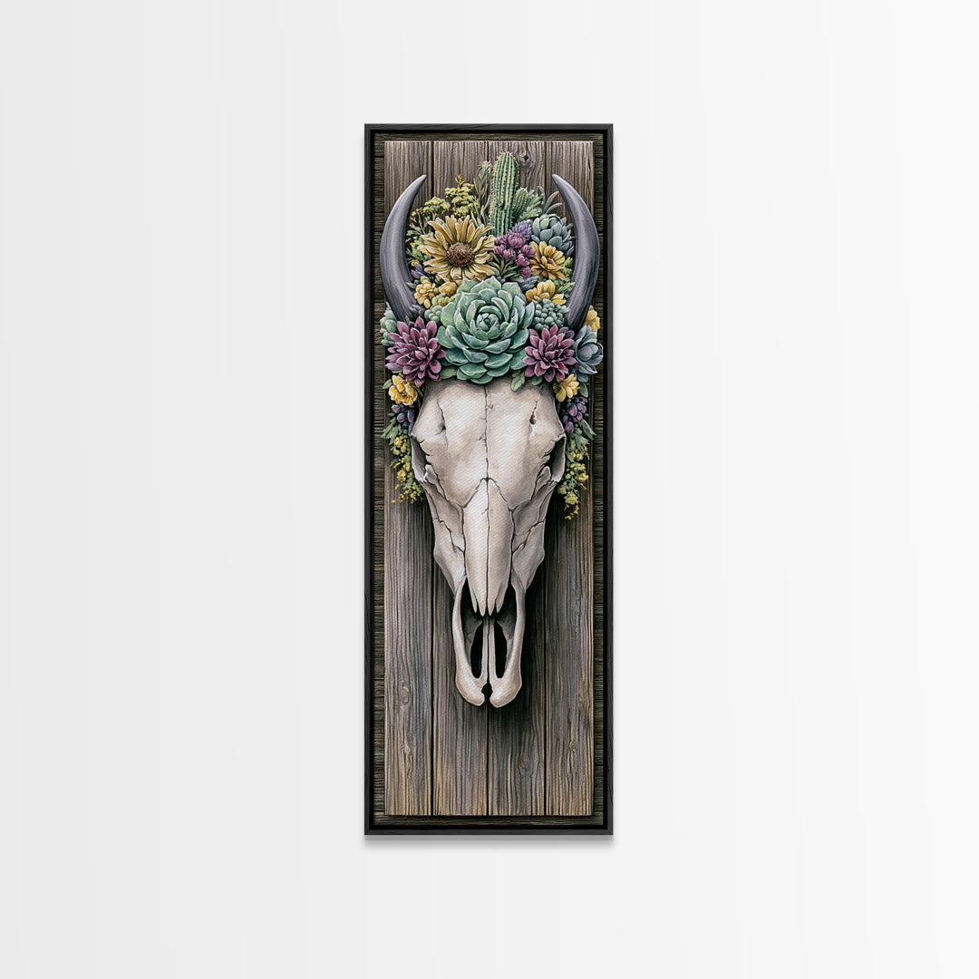 Cow Skull with Desert Flowers Framed Canvas Print, Rustic Art, Neutral Decor, Farmhouse Decor, Fine Art, Rustic, Home Decor, RUS-1x3-29