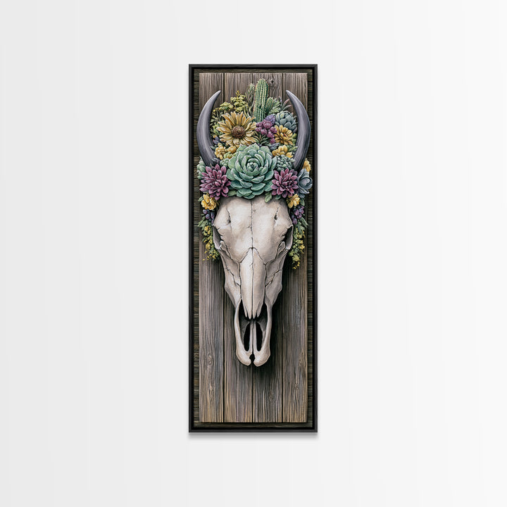 Cow Skull with Desert Flowers Framed Canvas Print, Rustic Art, Neutral Decor, Farmhouse Decor, Fine Art, Rustic, Home Decor, RUS-1x3-29