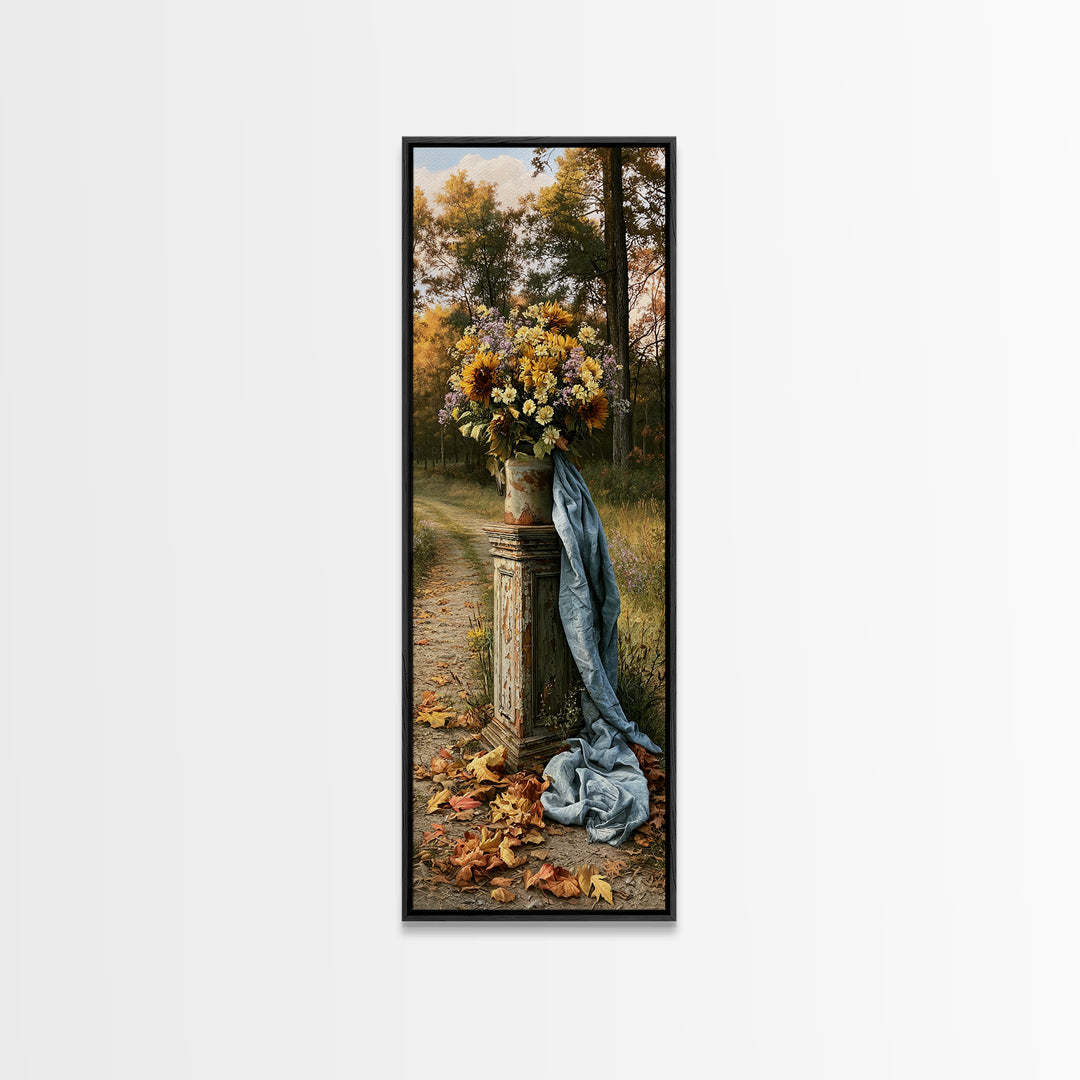Forest Path with Golden Autumn Leaves Framed Canvas Print, Rustic Art, Portrait Painting, Farmhouse Decor, Fine Art, Rustic, RUS-1x3-30