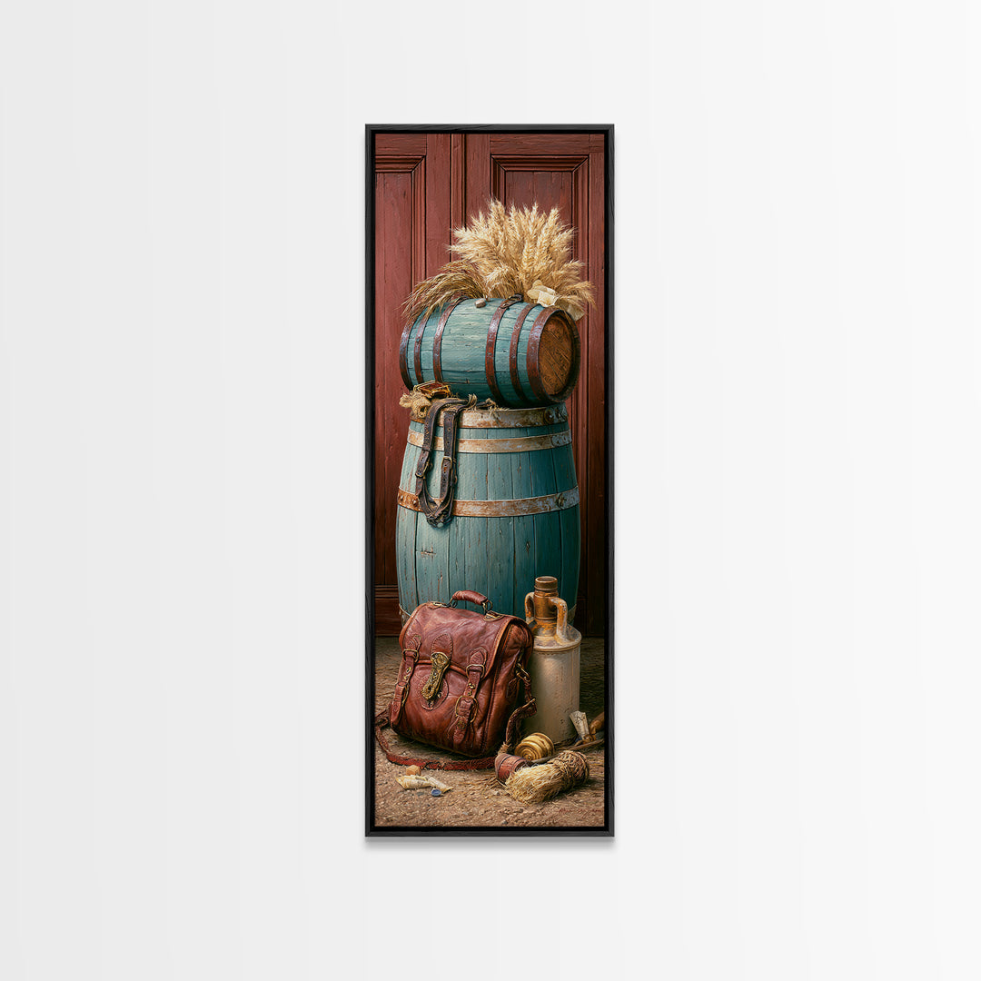 Whiskey Barrel and Leather Still Life Framed Canvas Print, Rustic Art, Art Print, Farmhouse Decor, Watercolor Art, Rustic, RUS-1x3-31