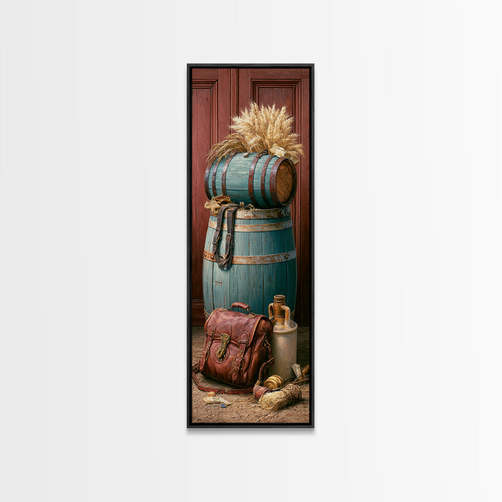 Whiskey Barrel and Leather Still Life Framed Canvas Print, Rustic Art, Art Print, Farmhouse Decor, Watercolor Art, Rustic, RUS-1x3-31