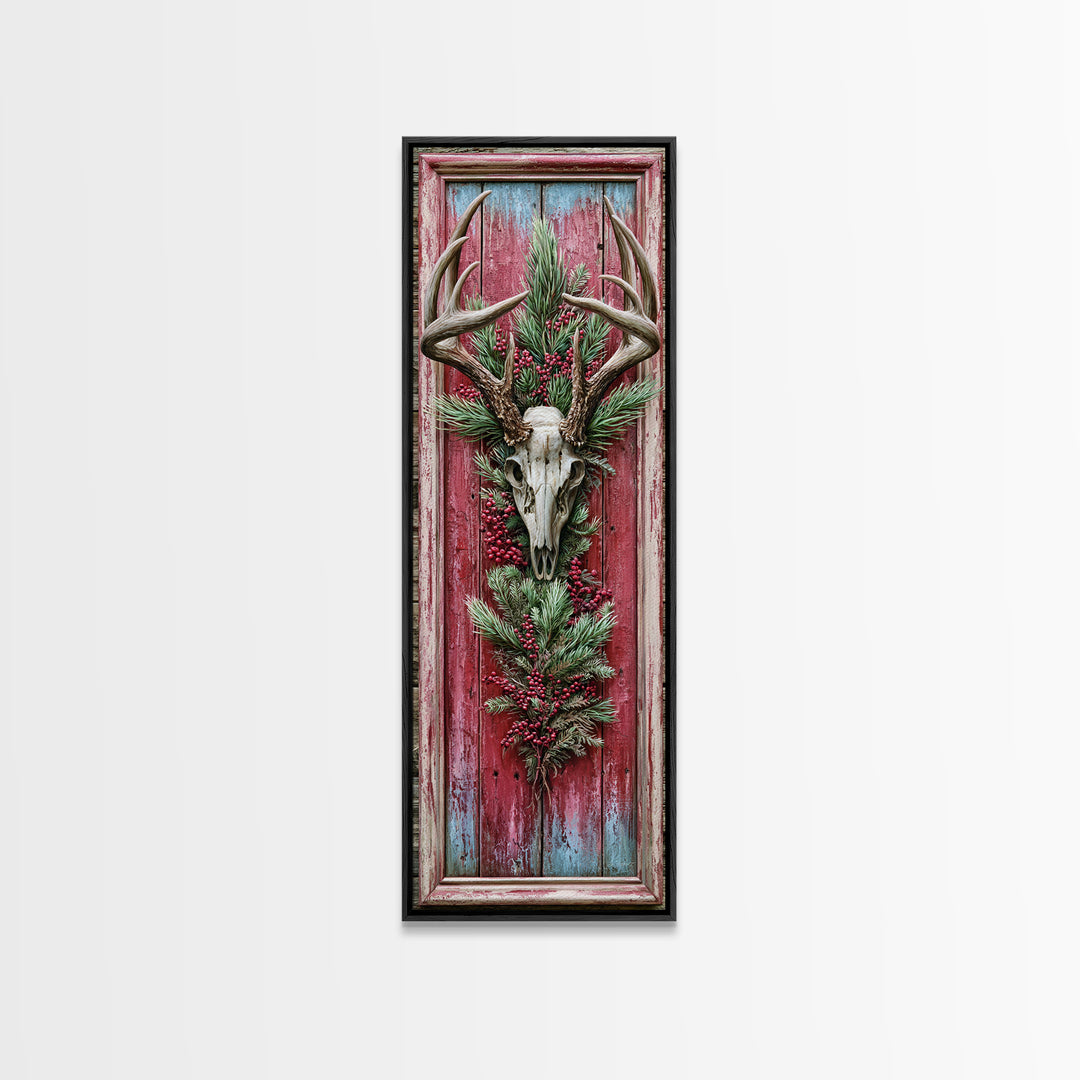 Deer Antlers with Pine Branches and Berries Canvas Print, Rustic Art, Landscape Wall Art, Farmhouse Decor, Fine Art, Rustic, RUS-1x3-38