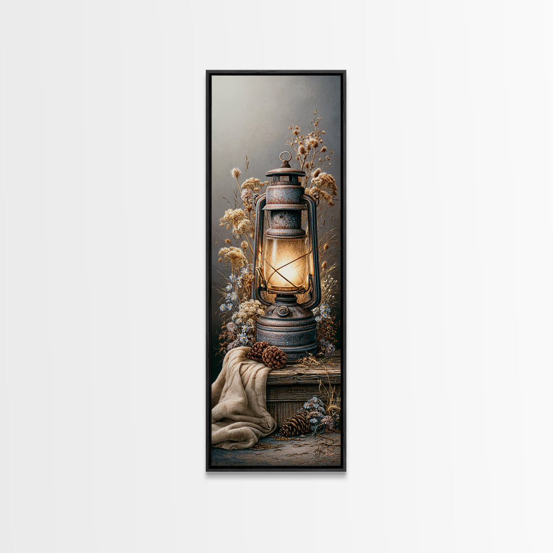 Rustic Lantern Glowing Beside Pinecones Canvas Print, Rustic Art, Digital Prints, Farmhouse Decor, Rustic, 3d Wall Art, RUS-1x3-40