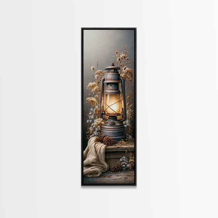 Rustic Lantern Glowing Beside Pinecones Canvas Print, Rustic Art, Digital Prints, Farmhouse Decor, Rustic, 3d Wall Art, RUS-1x3-40