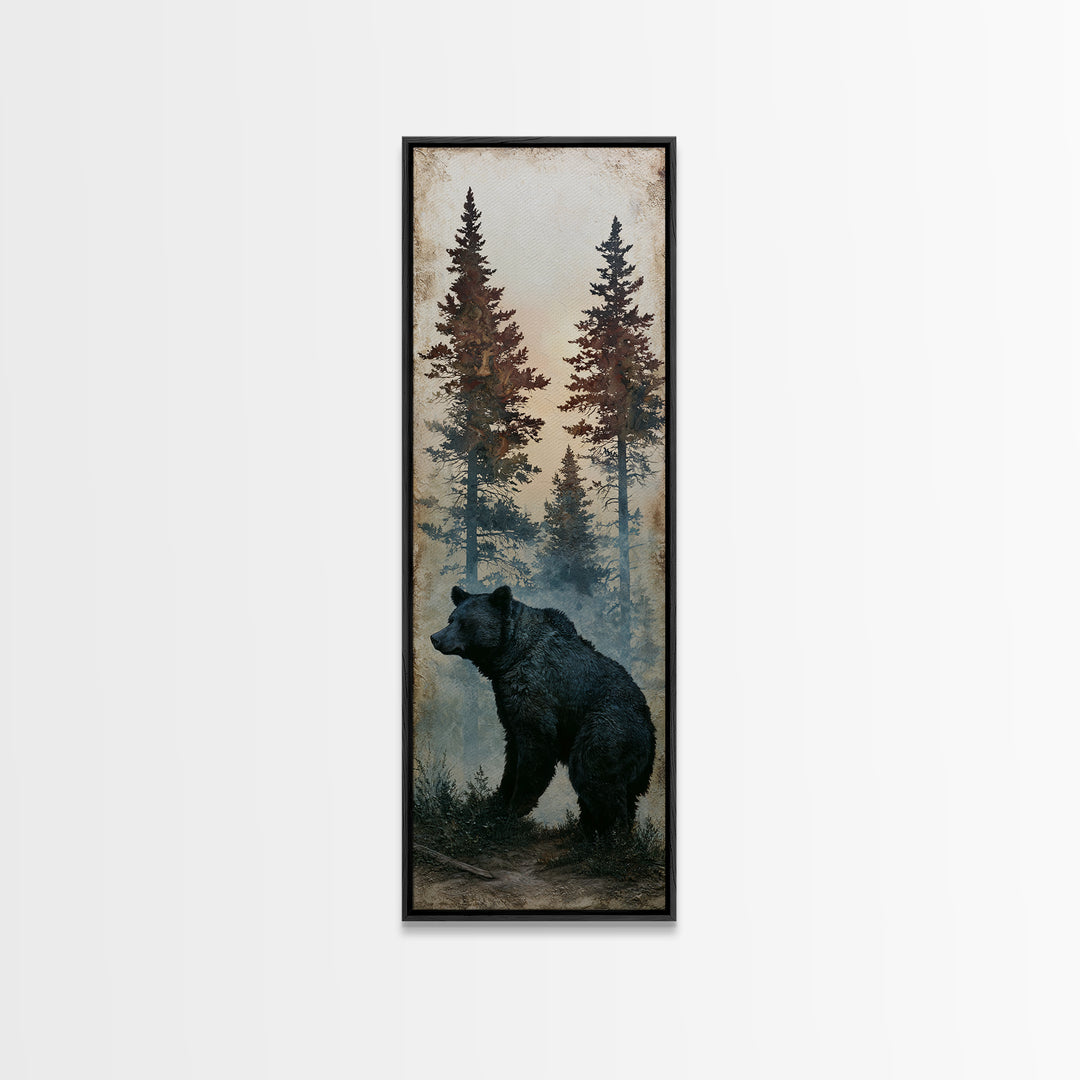 Bear Silhouette Among Pine Trees Canvas Print, Rustic Art, Oil Painting, Farmhouse Decor, Fine Art, Rustic, Modern Art, RUS-1x3-43