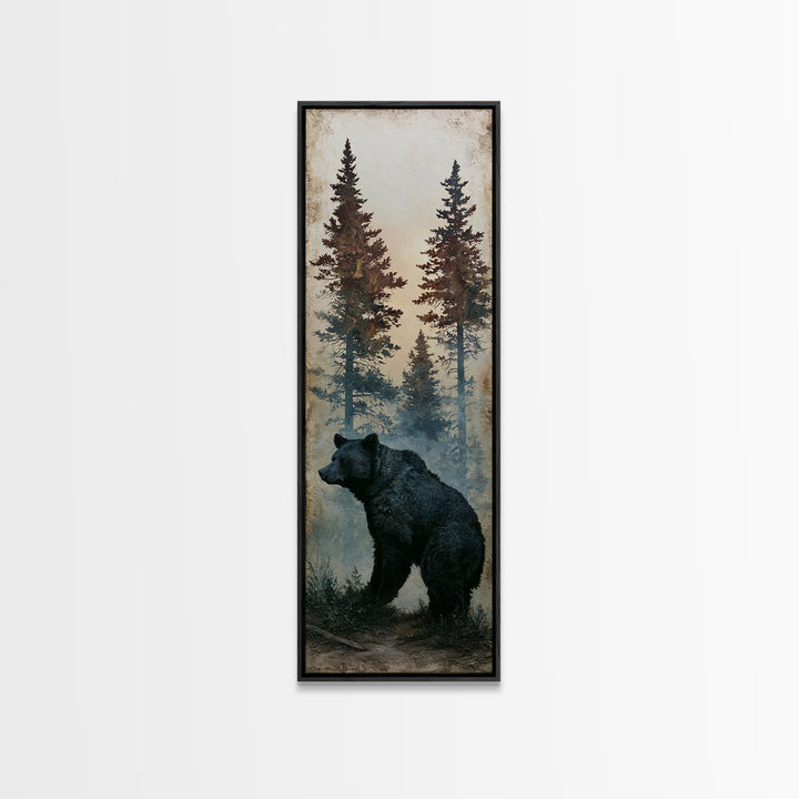 Bear Silhouette Among Pine Trees Canvas Print, Rustic Art, Oil Painting, Farmhouse Decor, Fine Art, Rustic, Modern Art, RUS-1x3-43