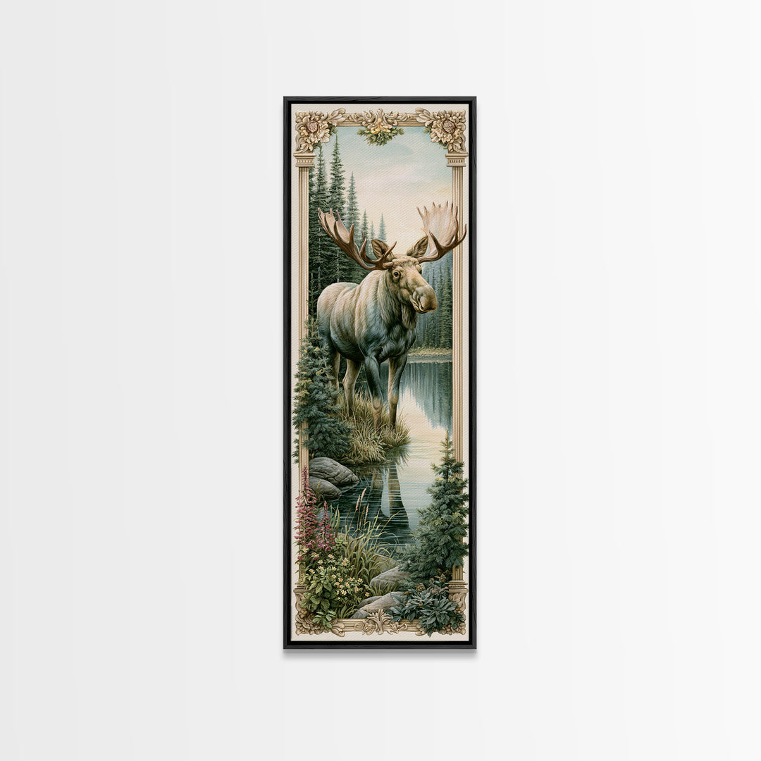 Moose Standing by a Quiet Lake Framed Canvas Print, Rustic Art, Boho Decor, Farmhouse Decor, Fine Art, Rustic, Art Print, RUS-1x3-45