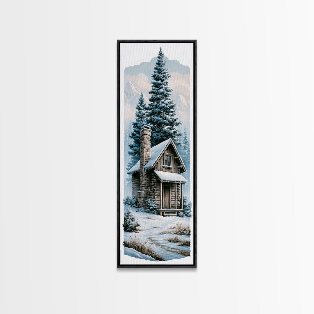 Log Cabin with Snowy Pines Canvas Print, Rustic Art, Boho Wall Art, Farmhouse Decor, Abstract Art, Rustic, Downloadable Art, RUS-1x3-51