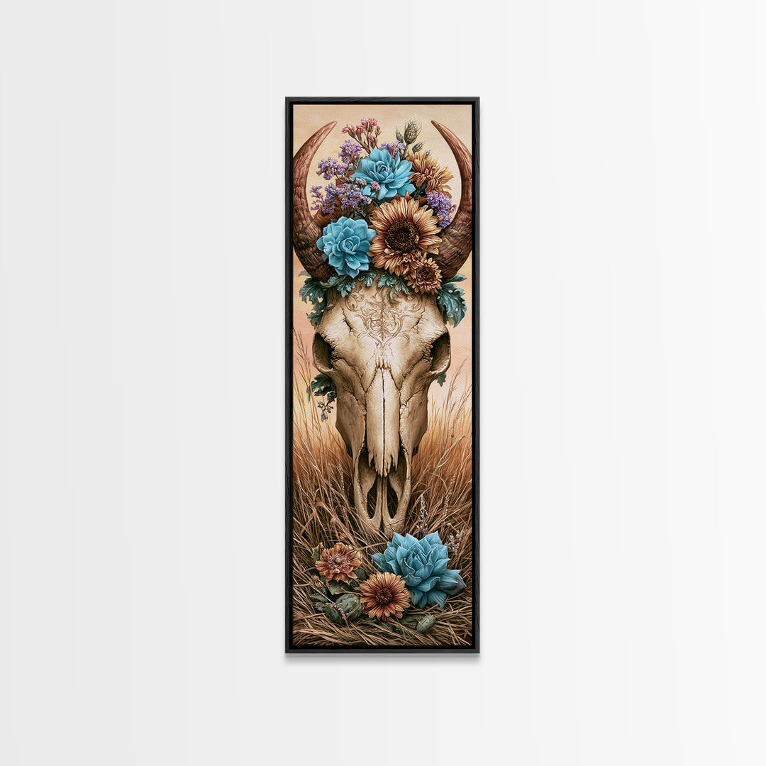 Cow Skull with Desert Flowers Framed Canvas Print, Rustic Art, Neutral Decor, Farmhouse Decor, Fine Art, Rustic, Home Decor, RUS-1x3-53