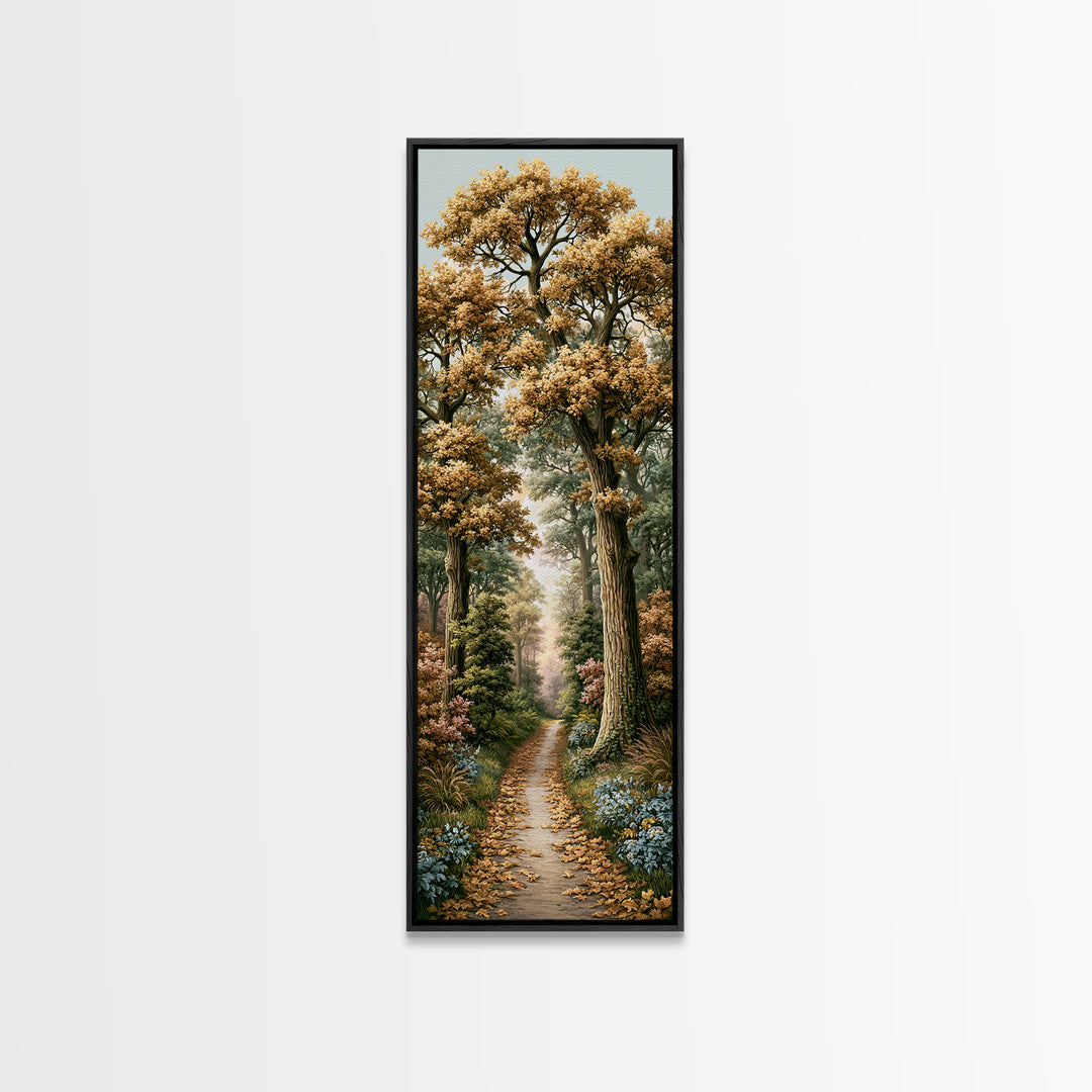 Forest Path with Golden Autumn Leaves Framed Canvas Print, Rustic Art, Portrait Painting, Farmhouse Decor, Fine Art, Rustic, RUS-1x3-54
